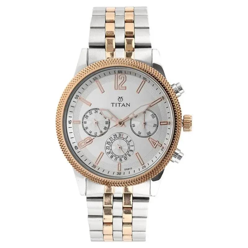 Titan Men's Metropolitan Luxe: Multifunction White Dial with Two-Tone Stainless Steel Bracelet Watch (NS1734KM02)