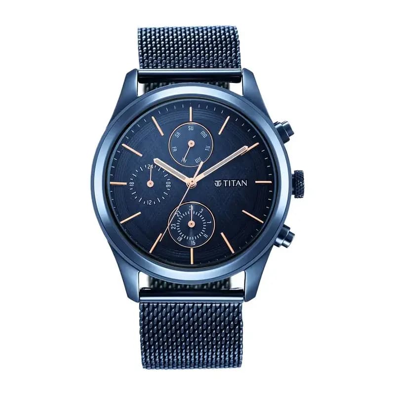 Titan Men's Sartorial Neo Splash: Blue Dial Multifunction Watch with Mesh Strap (NS1805QM02)