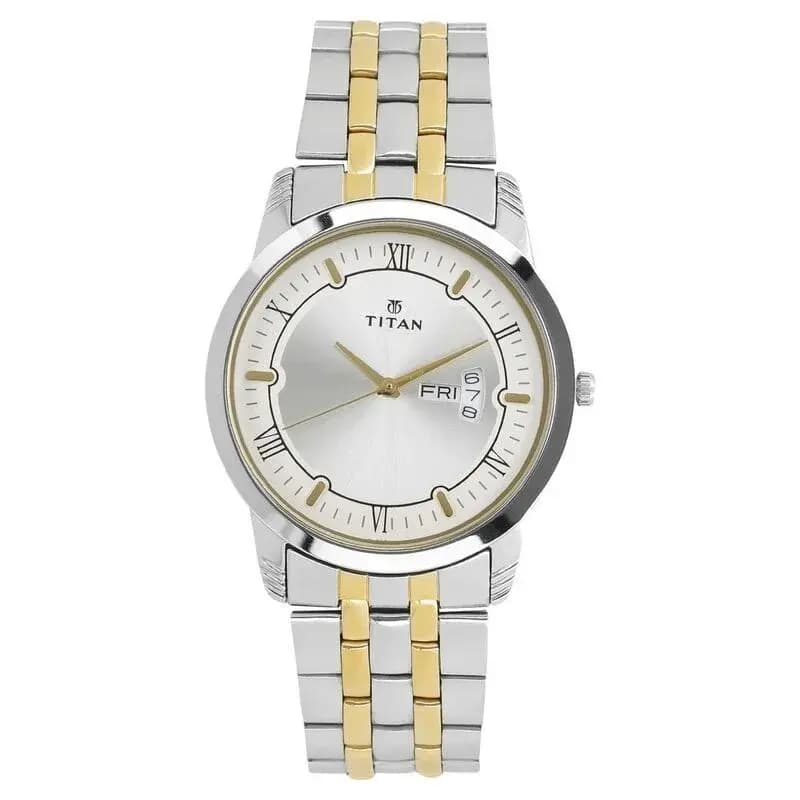 Titan Metal Silver Analog with Day and Date Stainless Steel Strap Watch for Men (NS1774BM01)