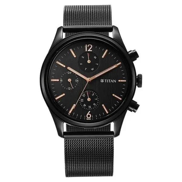 Titan Neo Black & Gold Quartz Analog with Day and Date Black Dial Stainless Steel Strap Watch for Men (NS1805NM05)