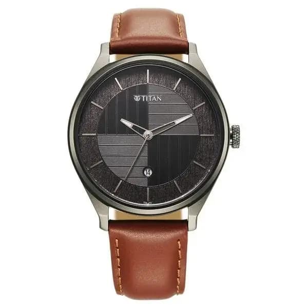 Titan Neo Economy Quartz Analog with Date Grey Dial Brown Leather Strap Watch For Men (1802QL03)