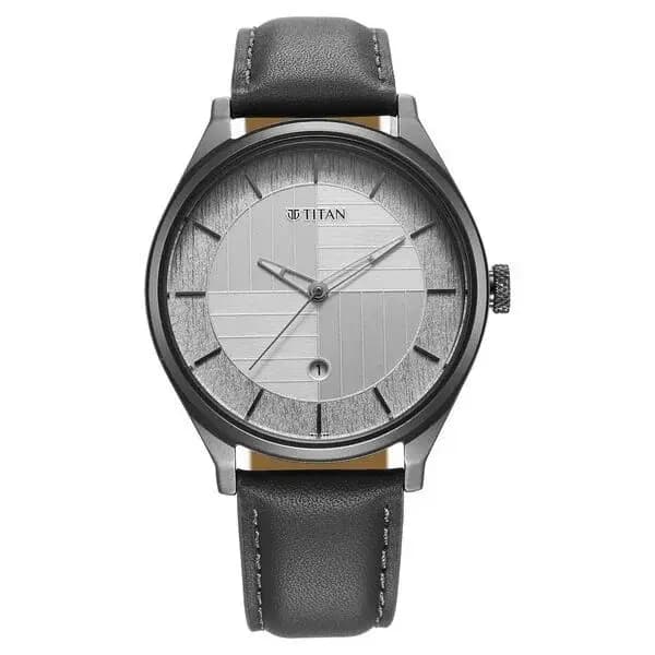 Titan Neo Economy Quartz Analog with Date Silver Dial Grey Leather Strap Watch For Men (1802QL01)