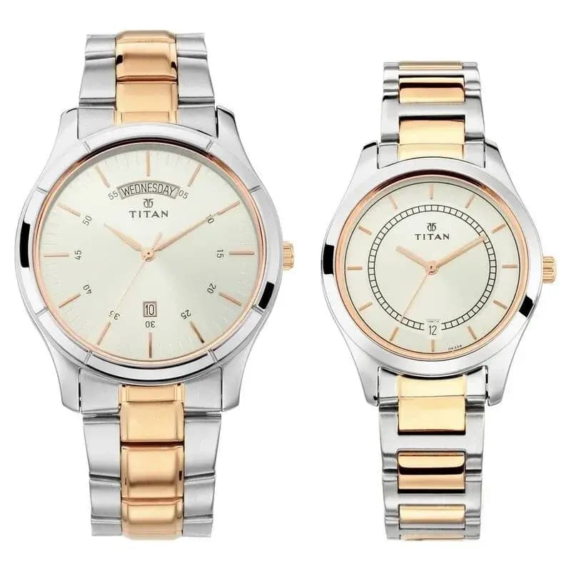 Titan NS17672596KM01P Quartz Analog Silver Dial Stainless Steel Strap Watch for Couple