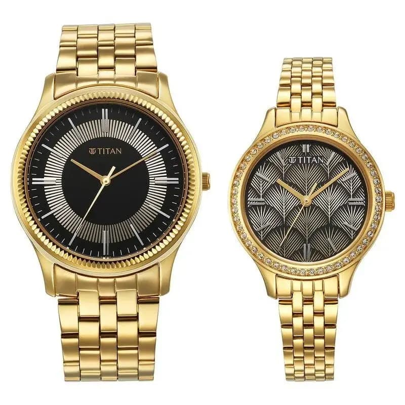 Titan NS18242712YM02P Karishma Bandhan Black Dial Analog Stainless Steel Strap Watch for Couple