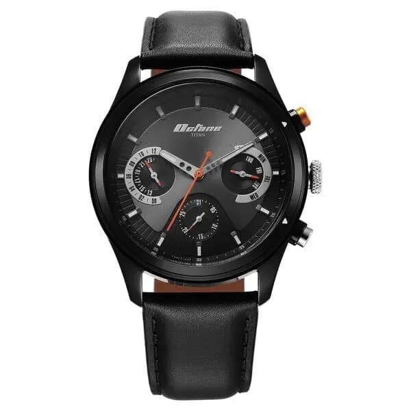 Titan Octane Quartz Multifunction Black Dial With Black Leather Strap Watch For Men (1805KL02)