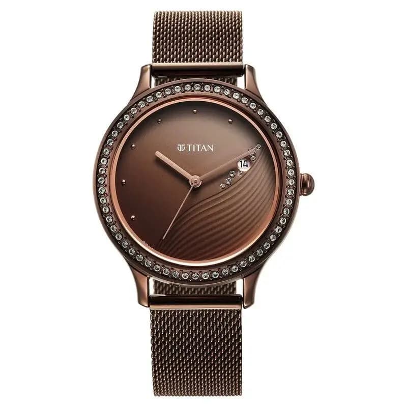 Titan Purple Glam It Up Brown Dial Analog with Date Stainless Steel Strap Watch for Women (NS2634QM01)