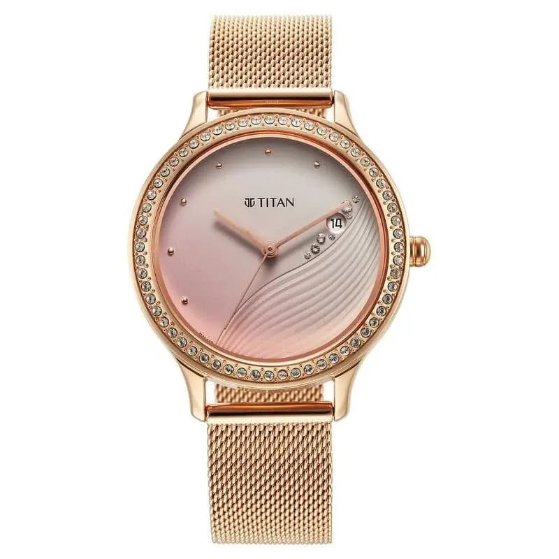 Titan Purple Glam It Up Pink Dial Analog with Date Stainless Steel Strap Watch for Women (NS2634WM05)