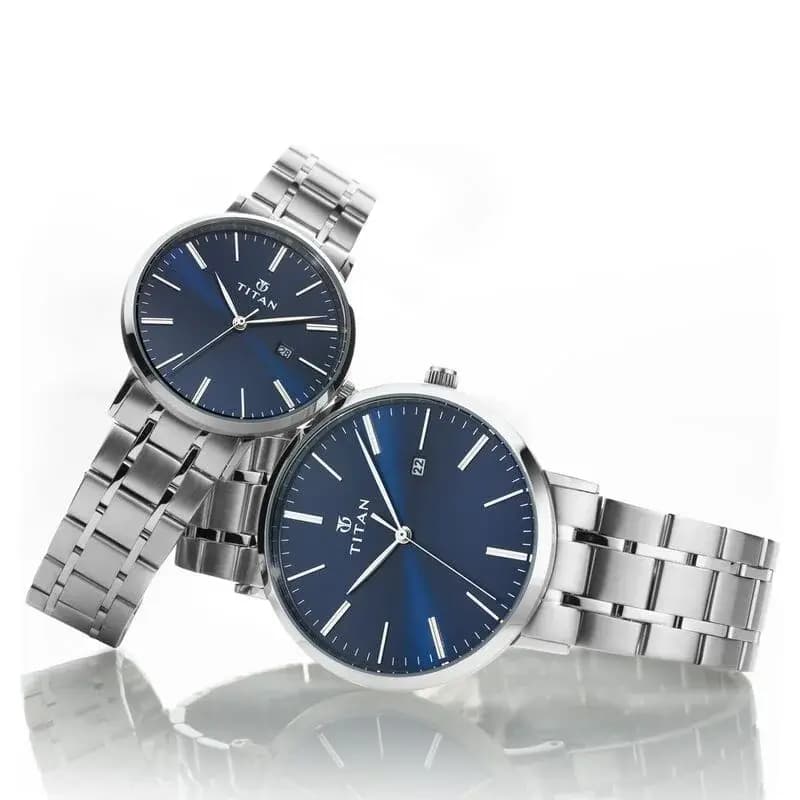 Titan Quartz Analog with Date Blue Dial Stainless Steel Strap Watch for Couple (NS9400294202SM01P)