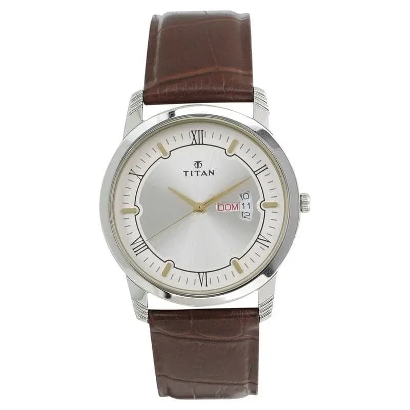 Titan Quartz Analog with Day and Date Silver Dial Leather Strap Watch (NS1774SL01)