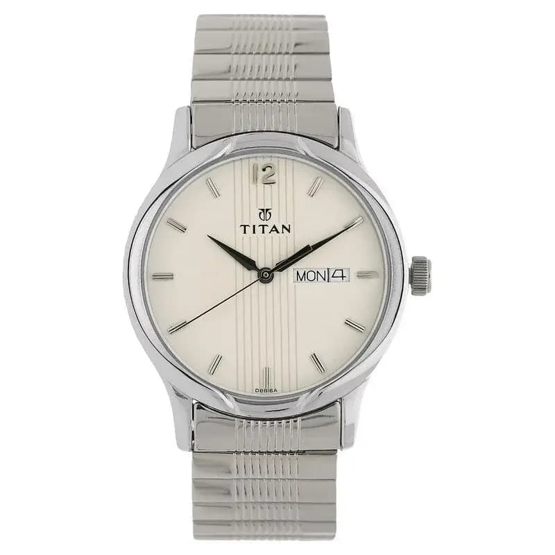 Titan Quartz Analog with Day and Date Silver Dial Stainless Steel Strap Watch (NS1580SM03)
