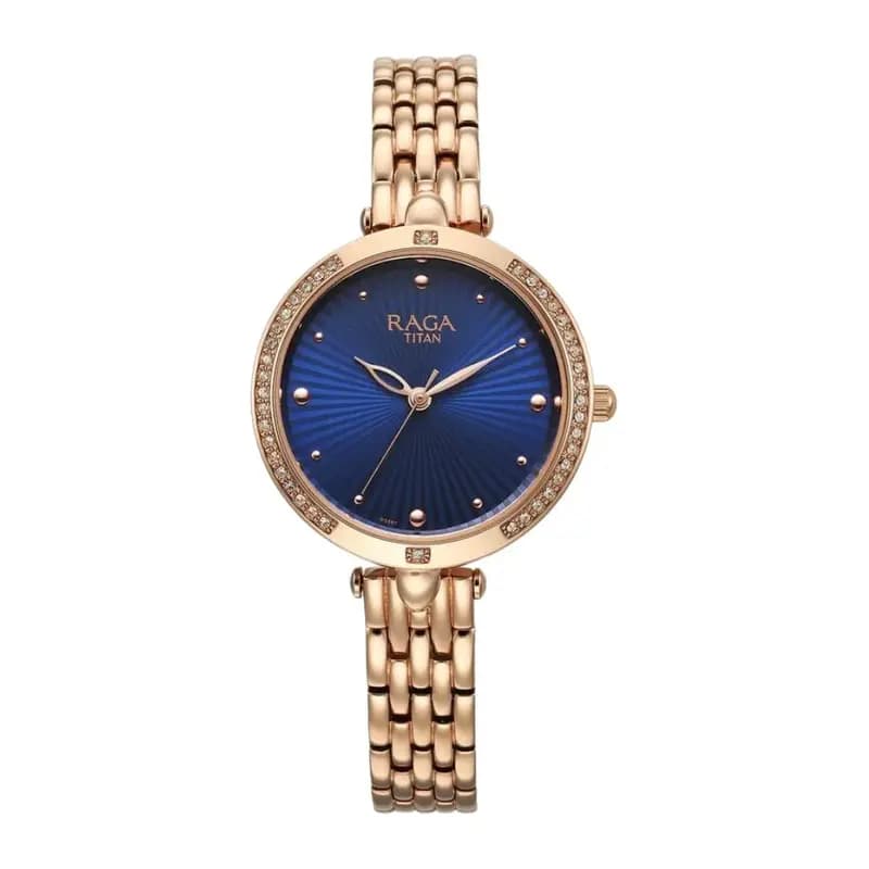 Titan Raga Showstopper Quartz Analog Blue Dial Metal Strap Watch for Women (NS95266WM01)