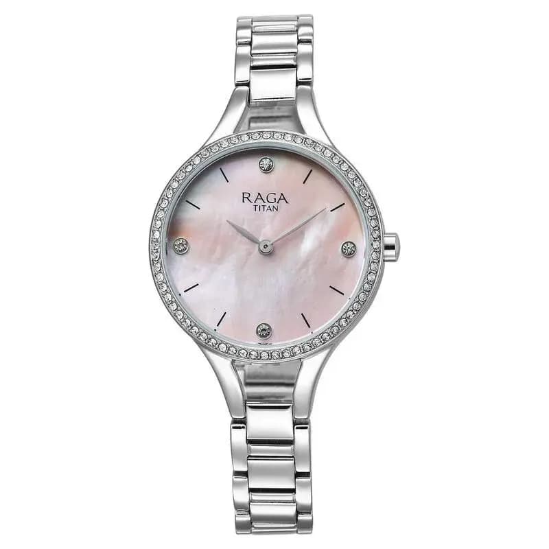 Titan Raga Showstopper Quartz Analog Mother Of Pearl Dial Metal Strap Watch for Women (95275SM01)