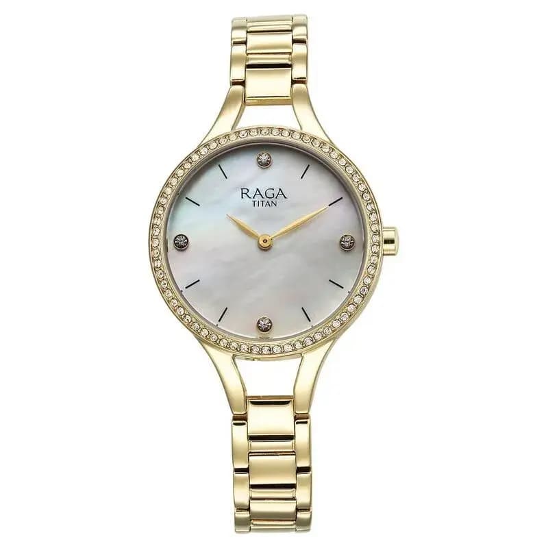 Titan Raga Showstopper Quartz Analog Mother Of Pearl Dial Metal Strap Watch for Women (95275YM01)
