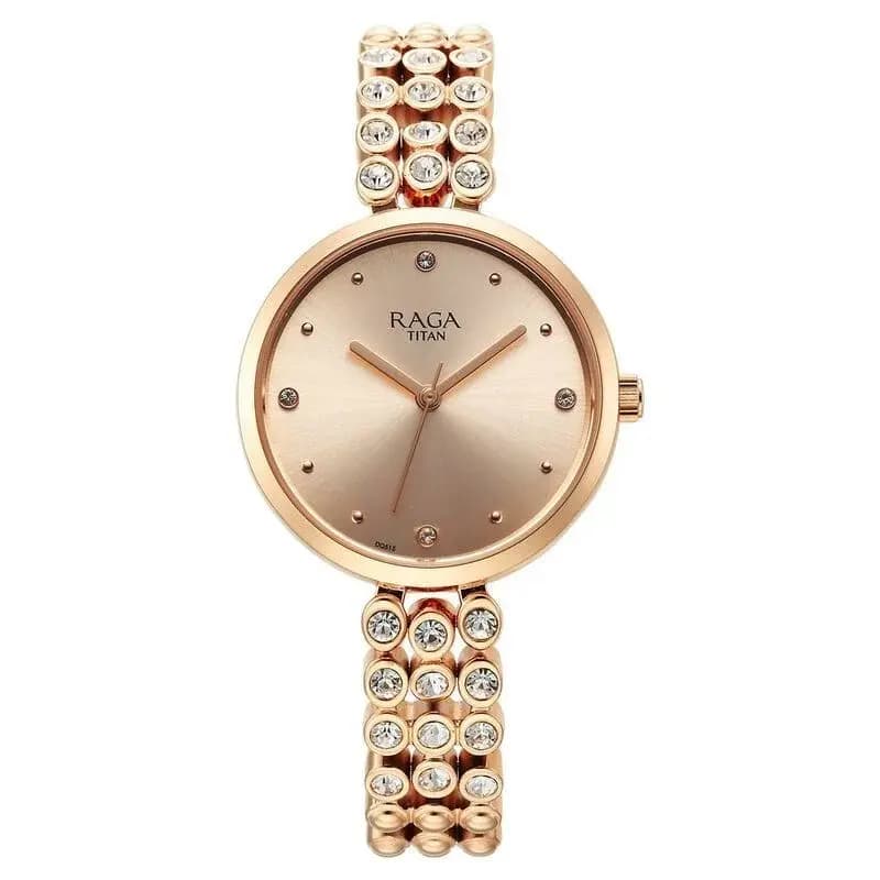 Titan Raga Showstopper Quartz Analog Rose Gold Dial Metal Strap Watch for Women (NS95262WM01)