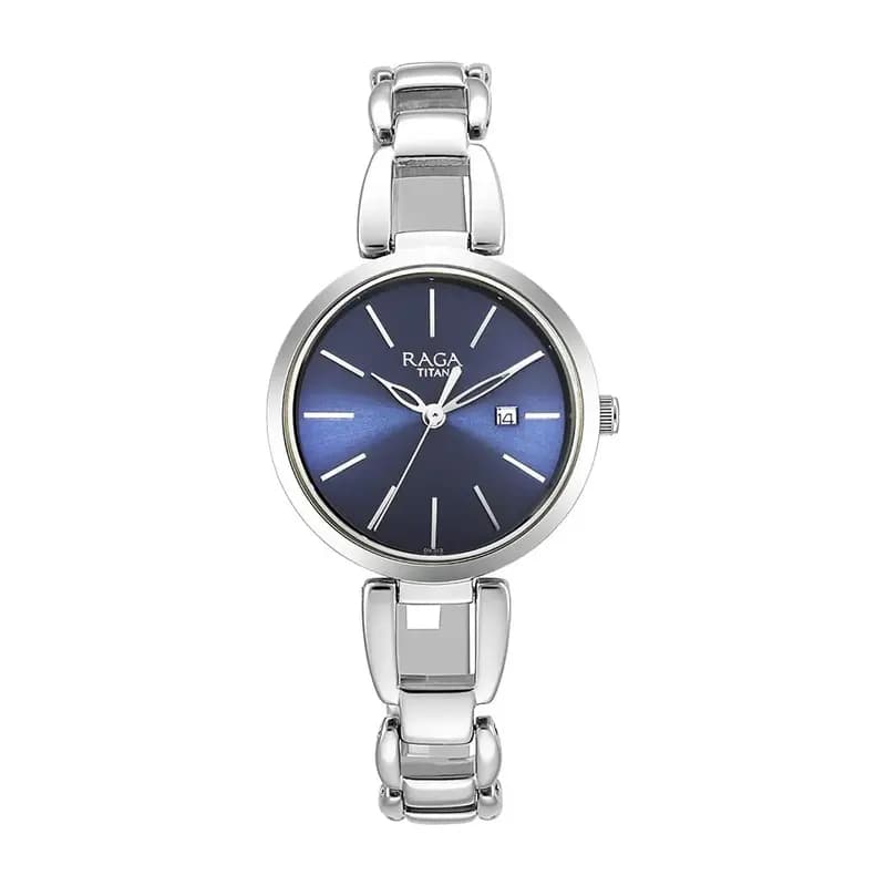 Titan Raga Viva Blue Dial Analog with Date Silver Metal Strap Watch for Women (NS2642SM02)