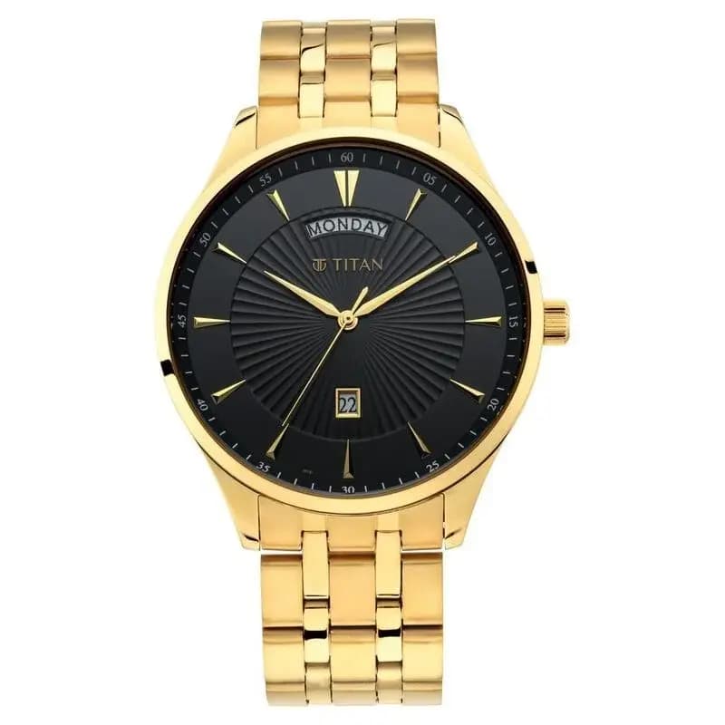 Titan Regalia Opulent Black Dial Analog with Day and Date Stainless Steel Strap watch for Men (NR90127YM02)