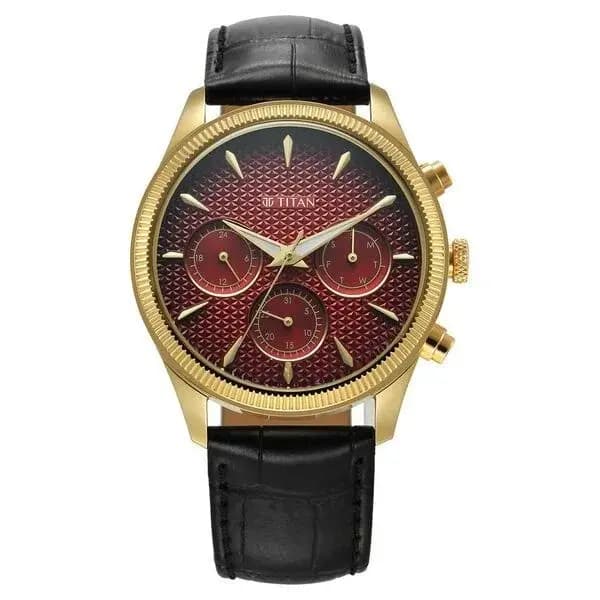 Titan Regalia Opulent Quartz Analog with Day and Date Red Dial Black Leather Strap Watch for Men (1805YL01)