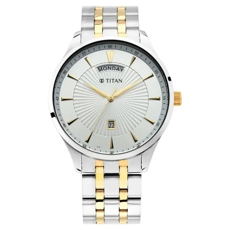 Titan Regalia Opulent White Dial Analog with Day and Date Stainless Steel Strap Watch for Men (NS90127BM01)