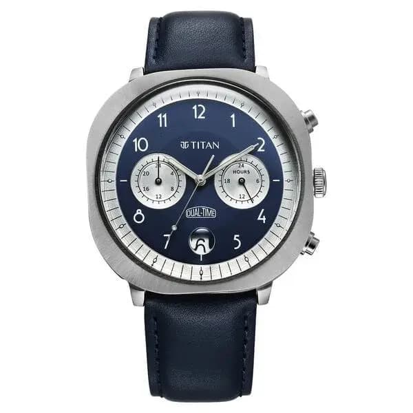 Titan Timeless Treasures Quartz Analog Dual Time Blue Dial With Blue Color Leather Strap Watch For Men (10022SL01)