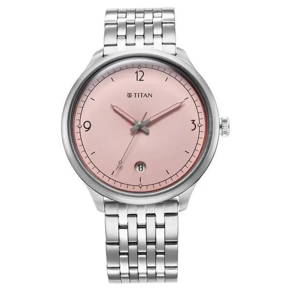 Titan Timeless Treasures Quartz Analog with Date Pink Dial With Silver Color Stainless Steel Strap Watch For Men (10023SM01)