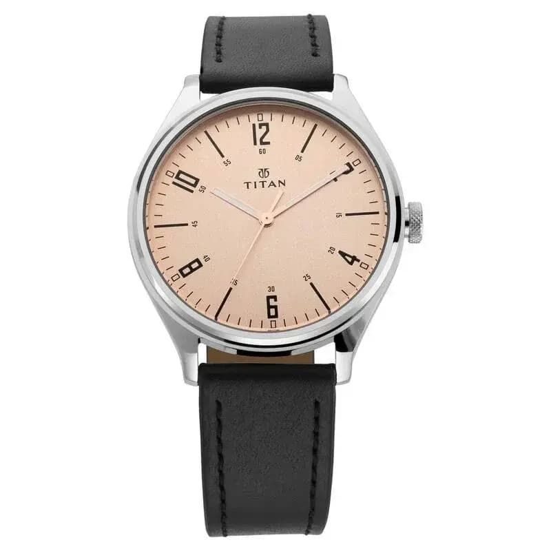 Titan Workwear Champagne Dial Analog Leather Strap watch for Men- 1802SL03