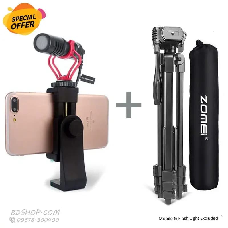 Zomei T90 Tripod+ 360 Rotation Mobile Holder with Flashlight or Shotgun Microphone Adapter
